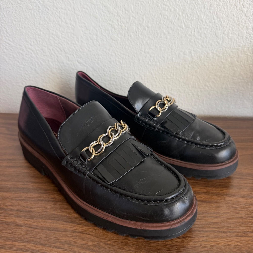 Franco Sarto Women's Black Platform Chunky Loafers Lug Sole Gold Tone Chain 9.5M